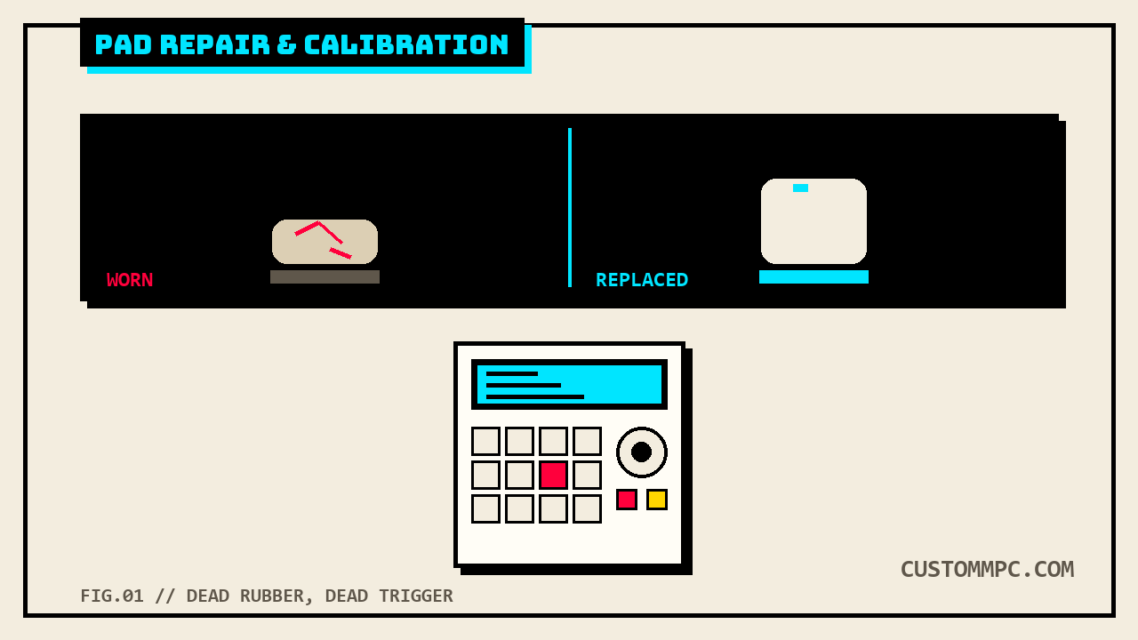 Split illustration of a cracked, worn rubber MPC pad labeled WORN next to a fresh pad labeled REPLACED, with an MPC unit below showing a red mis-triggering pad