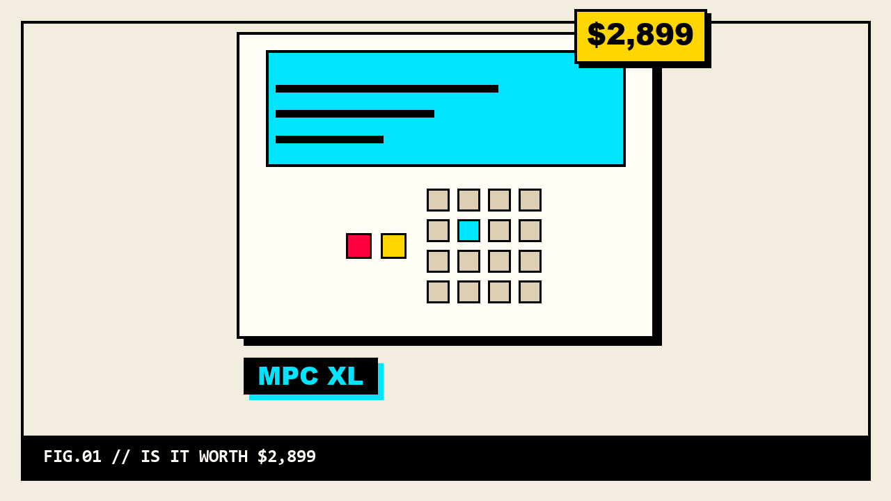 Akai MPC XL flagship standalone workstation on a studio desk, wide Q-Link row and 10.1-inch screen facing the camera