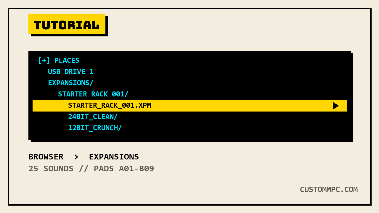 File browser LCD screen showing an Expansions folder with an XPM program highlighted