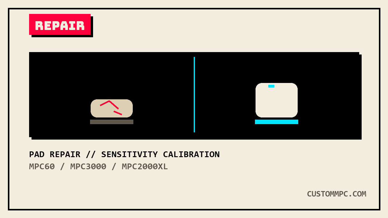 Flat illustration of a cracked worn MPC pad next to a fresh replacement pad, labeled pad repair and sensitivity calibration