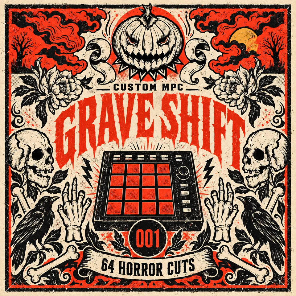 Grave Shift 001 XPM program pack cover with a 16-pad sampler, skulls, ravens and a jack-o-lantern
